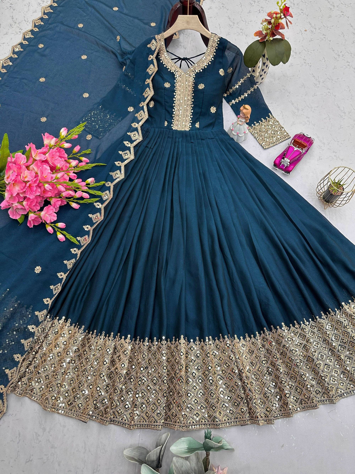 Lorenvalley Fashion Rama Noha Crush Silk with Embroidery Threads & Sequins Work Anarkali Gown with Dupatta | Grocsy