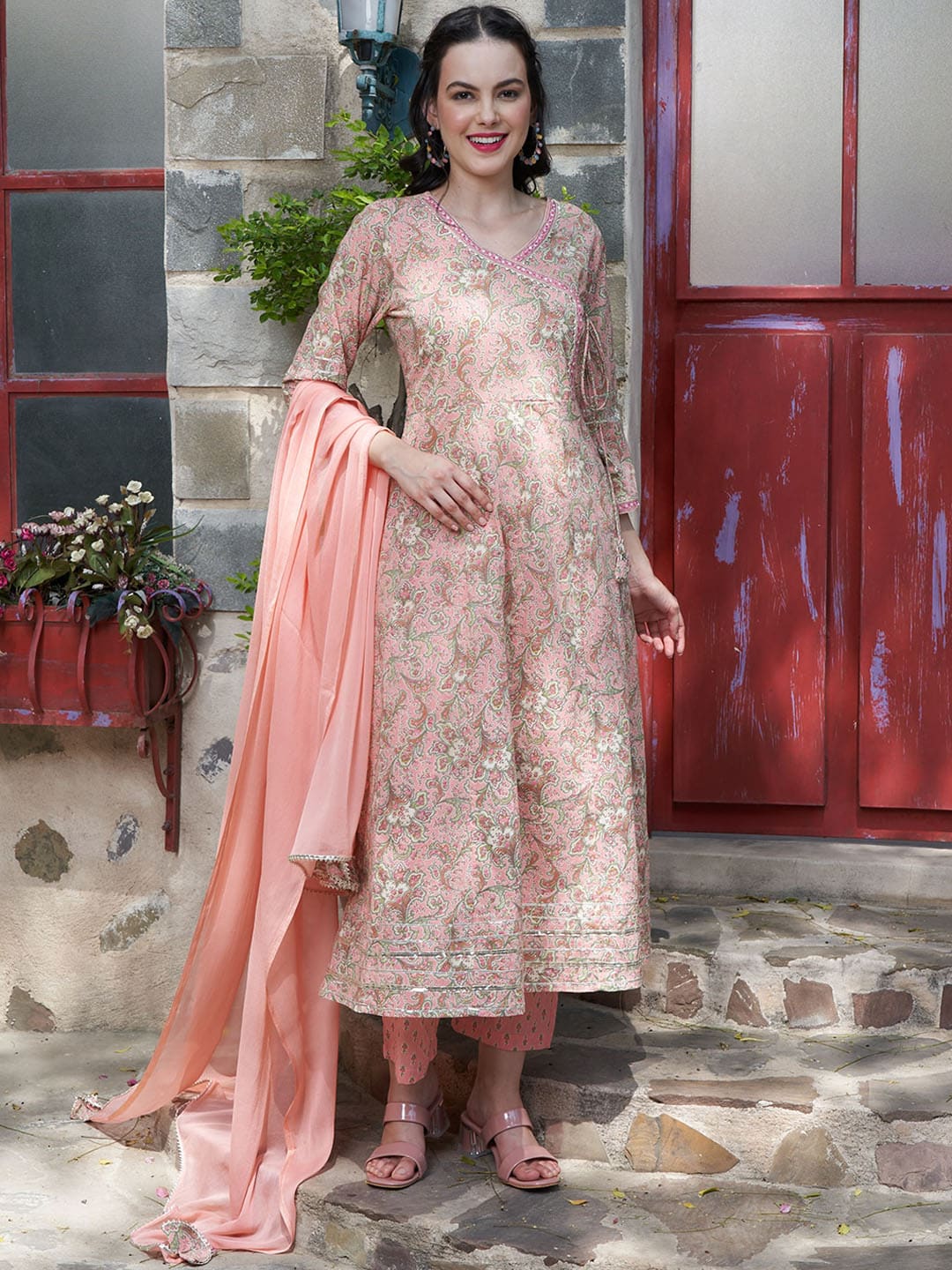 Sangria Peach Floral Printed Gotta Patti Pure Cotton A-Line Kurta with Trousers & Dupatta | Grocsy