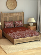 SPACES Warli Orange & White Printed Cotton 210 TC King Bedsheet with 2 Pillow Covers | Grocsy