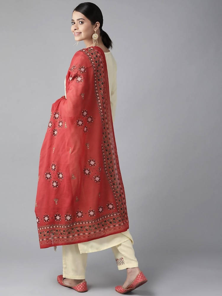 Yufta Women Cream-Coloured Ethnic Motifs Embroidered Regular Thread Work Kurta with Palazzo & With Dupatta | Grocsy