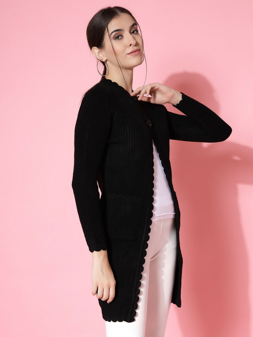 Women Self Design Long Black Acrylic Winter Shrug - Wool Trees | Grocsy