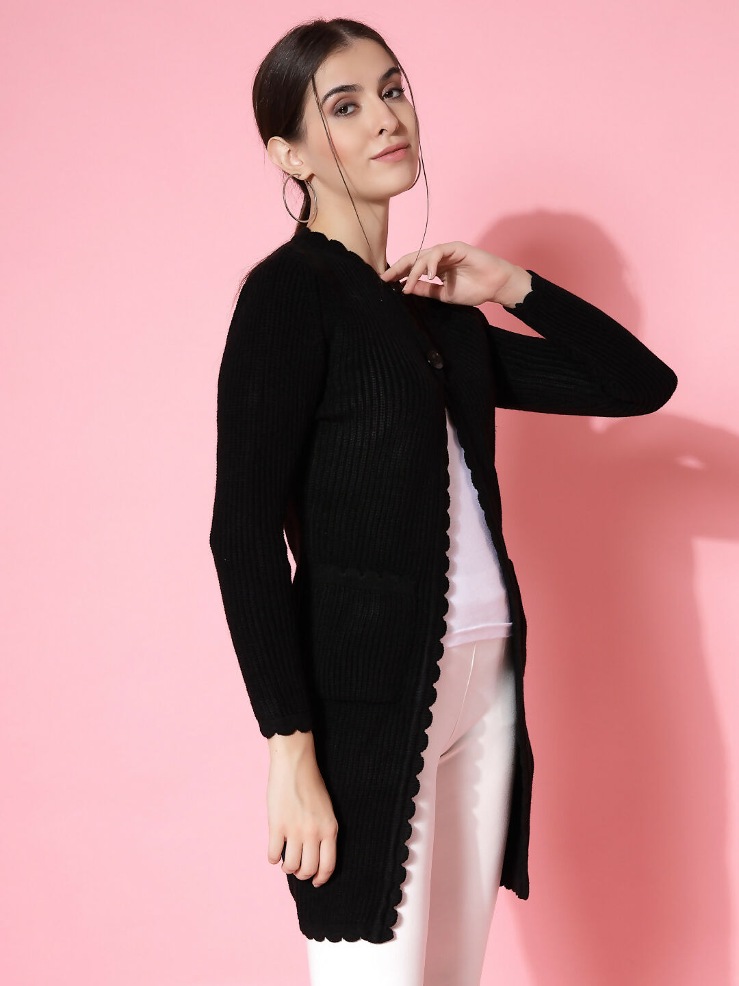 Women Self Design Long Black Acrylic Winter Shrug - Wool Trees | Grocsy