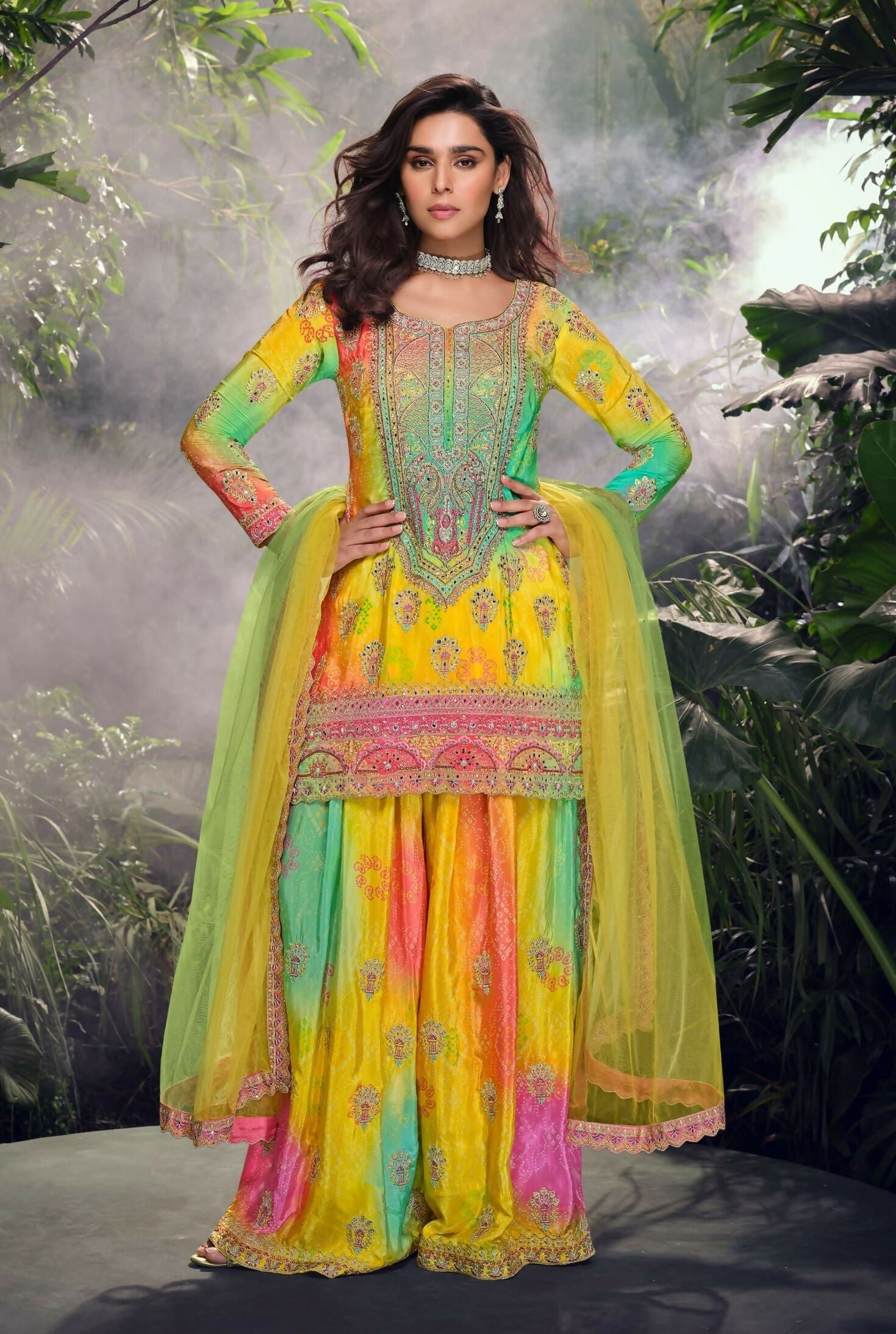 Anaita Yellow Chinon Stitched Suit with Embroidery & Sequence Work | Grocsy