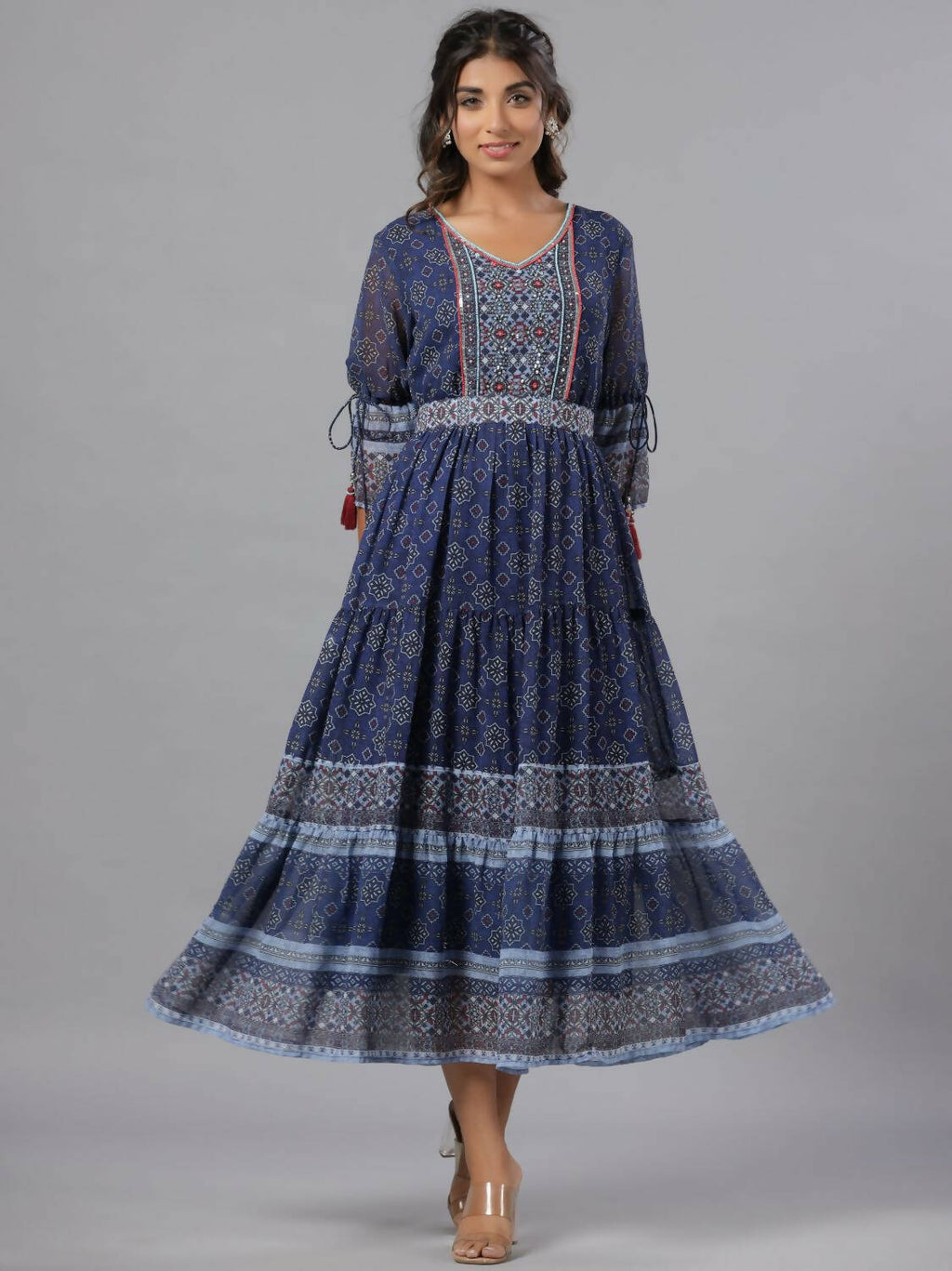 Juniper Women Navy Blue Georgette Geometric Printed Tiered Maxi Dress | Grocsy