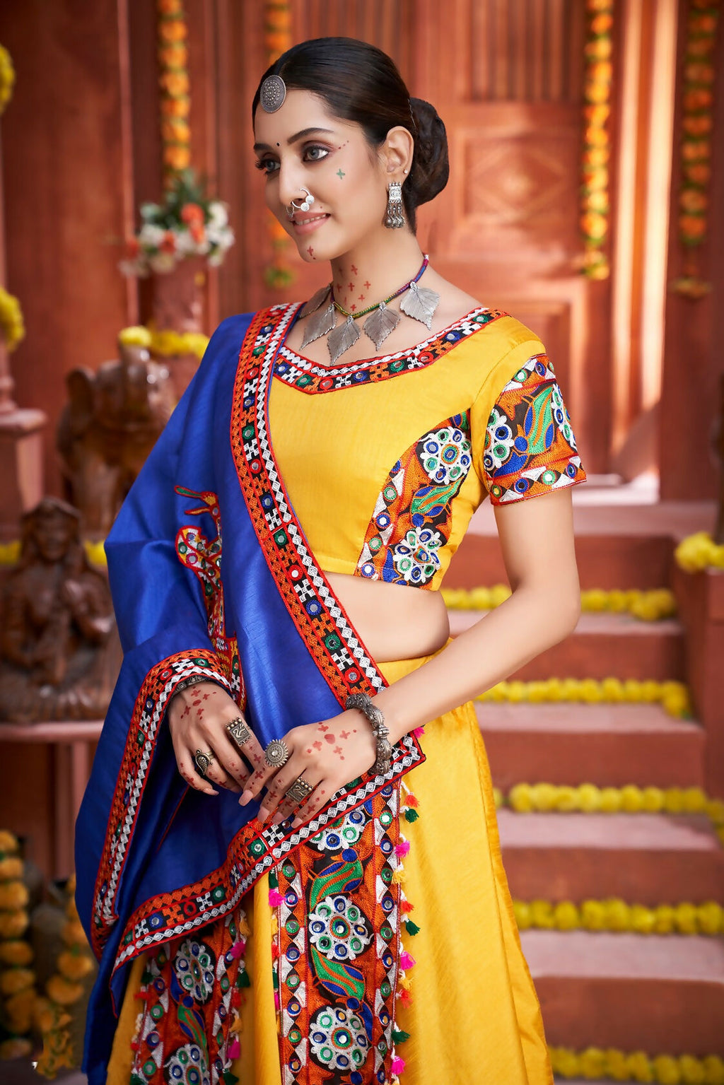 AI Fashion Yellow Art Silk Designer Navratri Lehenga Choli Collection | Grocsy
