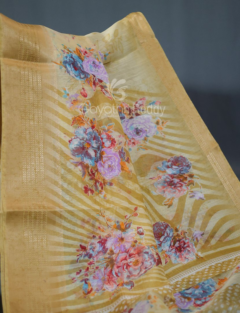 Shades of Light Khaki With Floral Print Semi Chanderi Saree By Gayathri Reddy Designer Studio | Grocsy