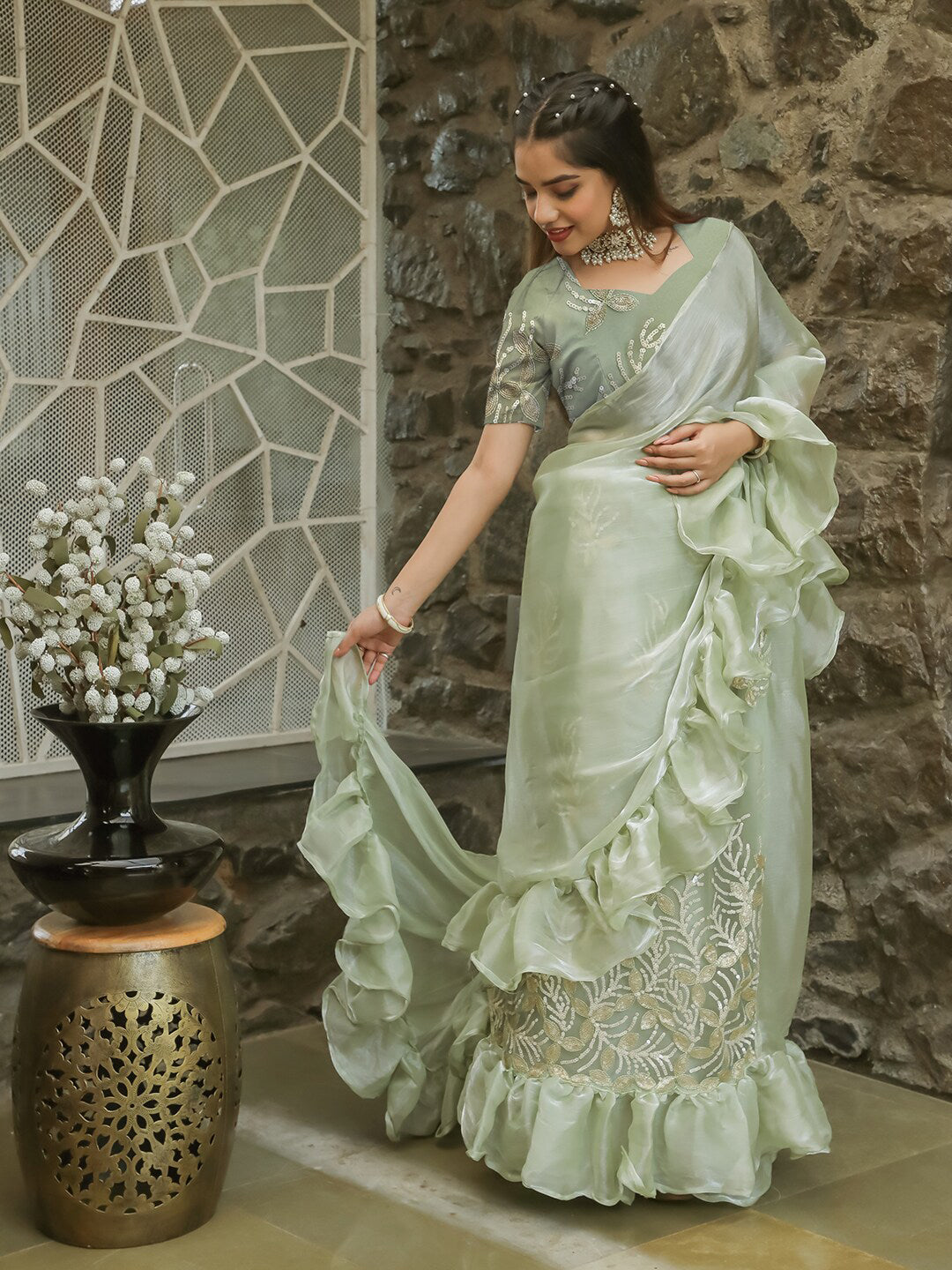 Tikhi Imli Embellished Sequinned Ruffled Ready to Wear Satin Saree | Grocsy