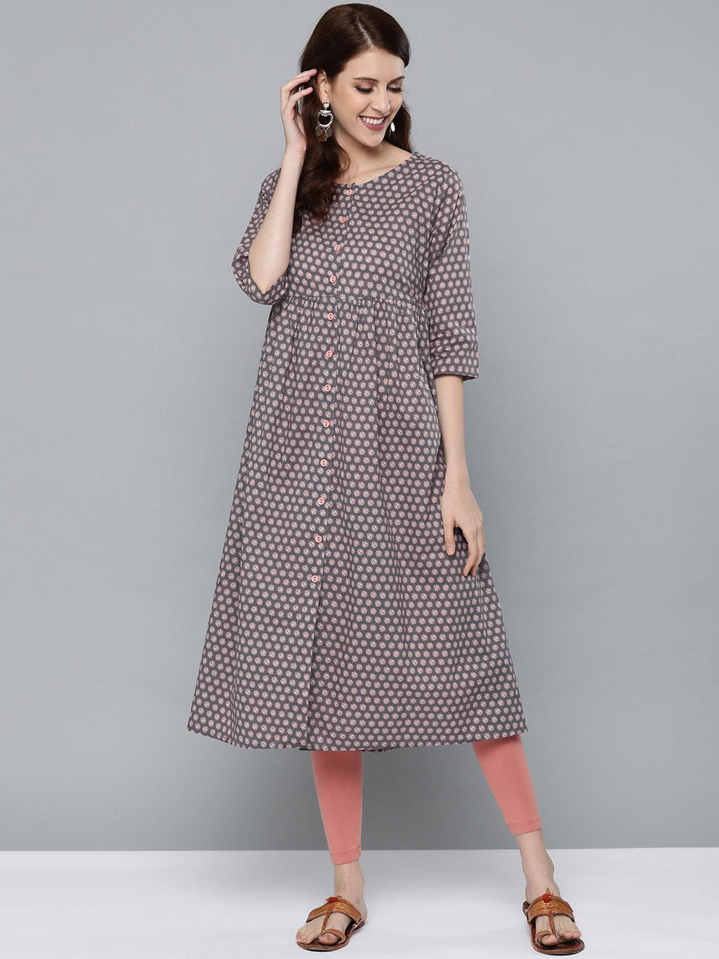 HERE&NOW Women Grey & Pink Floral Print Empire A-Line Kurta | Grocsy