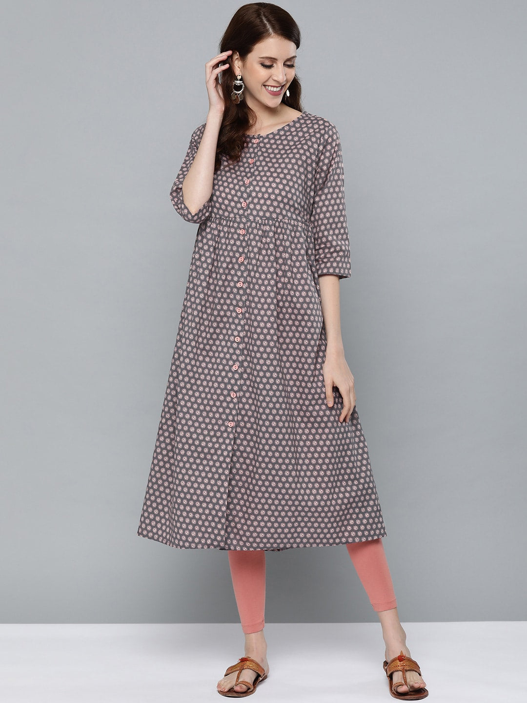 HERE&NOW Women Grey & Pink Floral Print Empire A-Line Kurta | Grocsy
