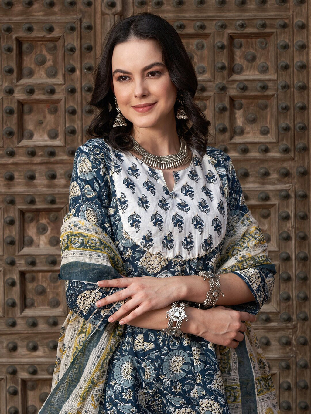 Sangria Navy Blue Floral Printed Pure Cotton Anarkali Kurta With Trouser & Dupatta | Grocsy