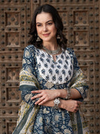 Sangria Navy Blue Floral Printed Pure Cotton Anarkali Kurta With Trouser & Dupatta | Grocsy