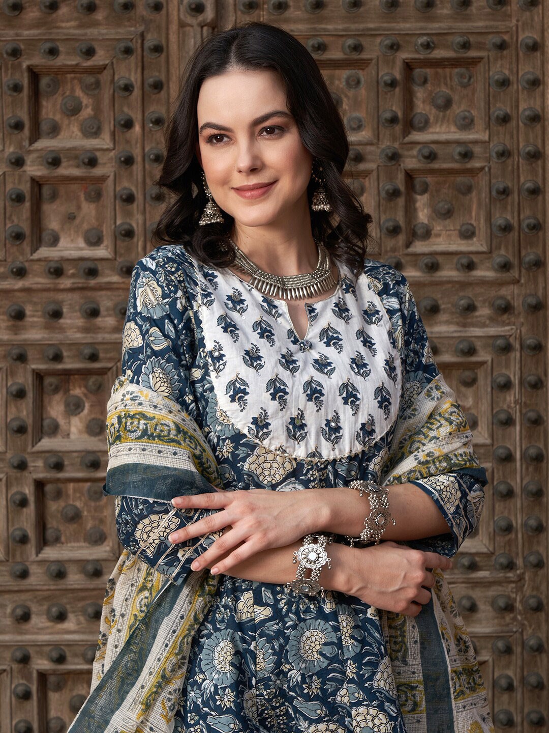 Sangria Navy Blue Floral Printed Pure Cotton Anarkali Kurta With Trouser & Dupatta | Grocsy