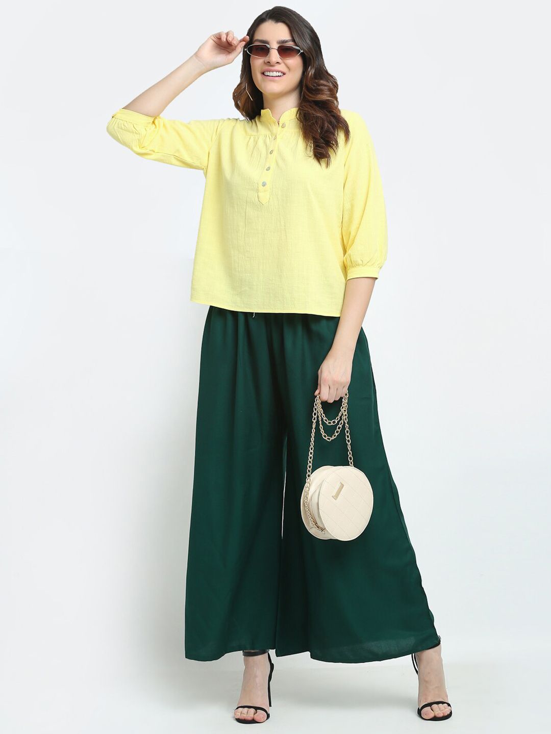 TAG 7 Women Green Solid Flared Palazzos | Grocsy