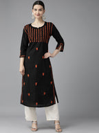ADA Women Black & Orange Ethnic Motifs Embroidered Chikankari Kurta | Grocsy