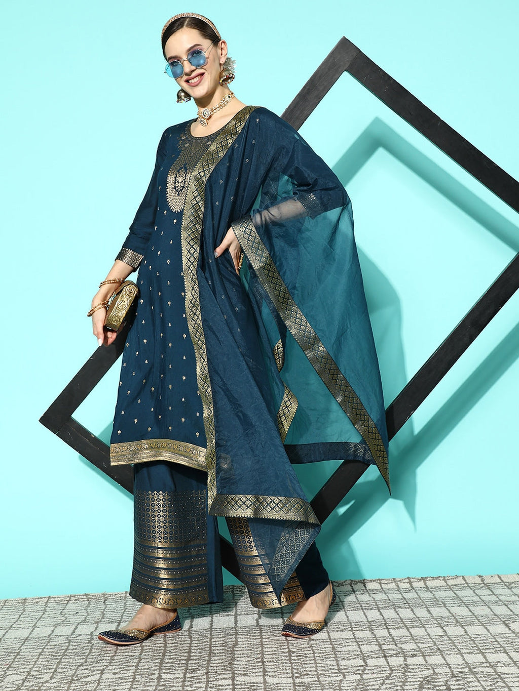 Sangria Women Floral Yoke Design Regular Kurta with Palazzos & With Dupatta | Grocsy