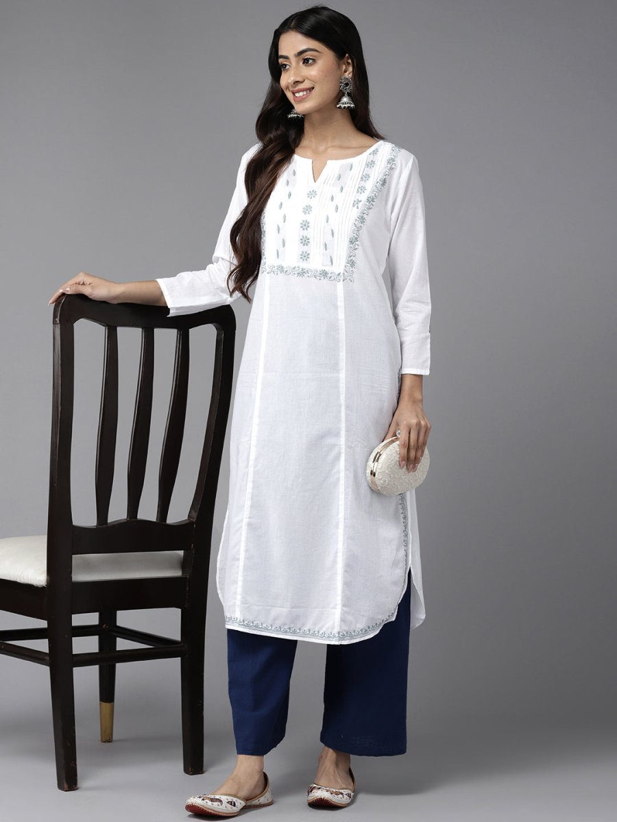 ADA Ethnic Motifs Embroidered Chikankari Cotton Kurta | Grocsy