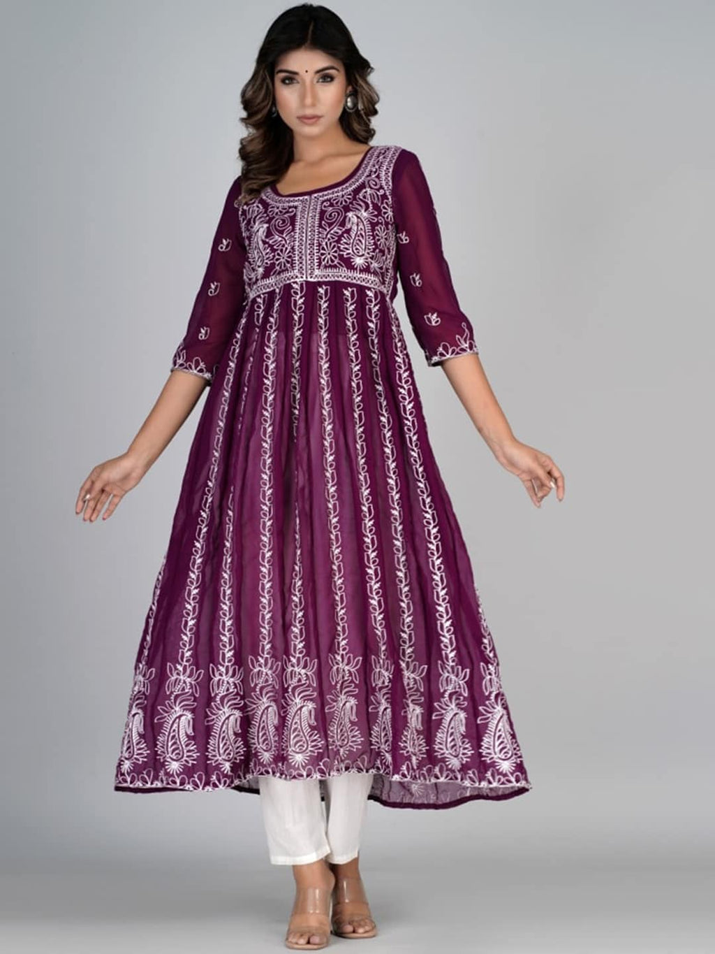 HERE&NOW Purple & White Floral Embroidered Paneled Georgette Anarkali Kurta | Grocsy
