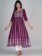 HERE&NOW Purple & White Floral Embroidered Paneled Georgette Anarkali Kurta | Grocsy