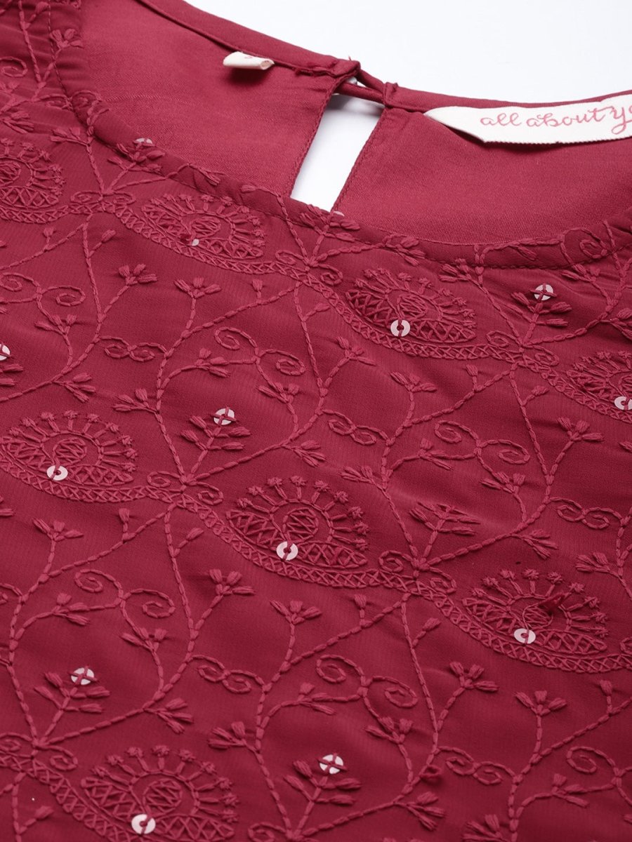 All About You Women Maroon Ethnic Motifs Embroidered Chikankari Kurta with Palazzos | Grocsy