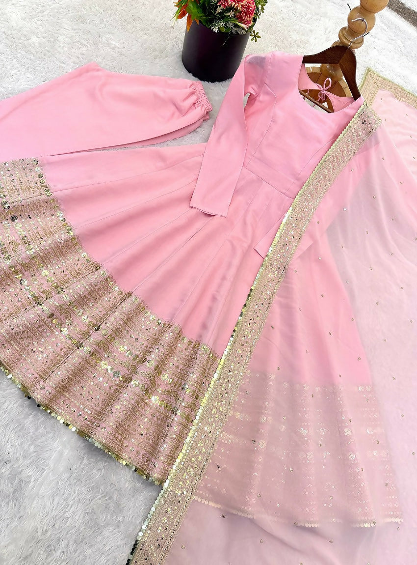 Teeya Creation Womens New Pastel Pink Solid Anarkali Kurta With Heavy Embroidered Border Gown Set | Grocsy