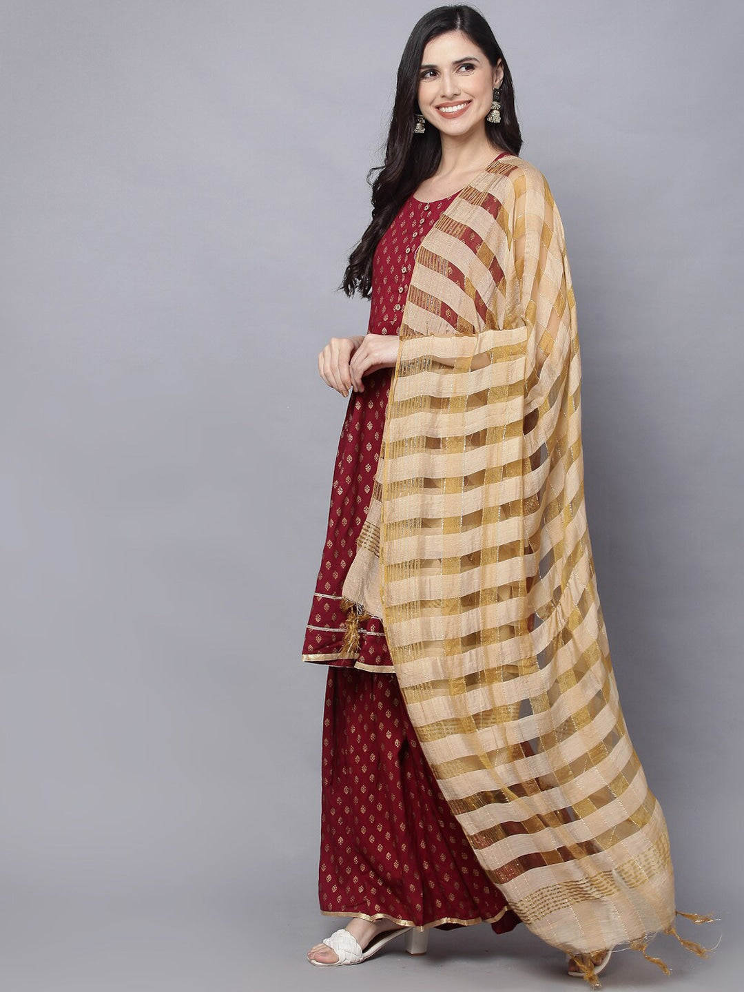 HERE&NOW Women Maroon Ethnic Motifs Printed Kurta with Palazzos & With Dupatta | Grocsy