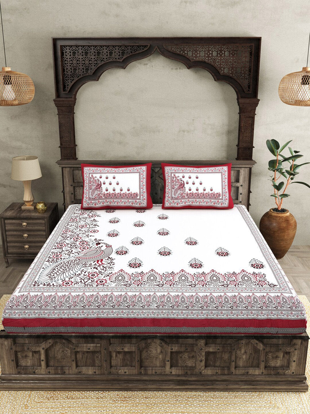 JAIPUR FABRICWhite Red Ethnic Motifs Cotton 250 TC King Bedsheet With 2 Pillow Covers | Grocsy
