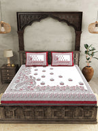 JAIPUR FABRICWhite Red Ethnic Motifs Cotton 250 TC King Bedsheet With 2 Pillow Covers | Grocsy