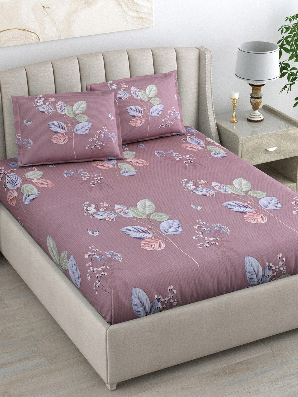 DREAM WEAVERZ 220 TC Pink & Blue Floral Glazed Cotton King Bedsheet with 2 Pillow Covers | Grocsy
