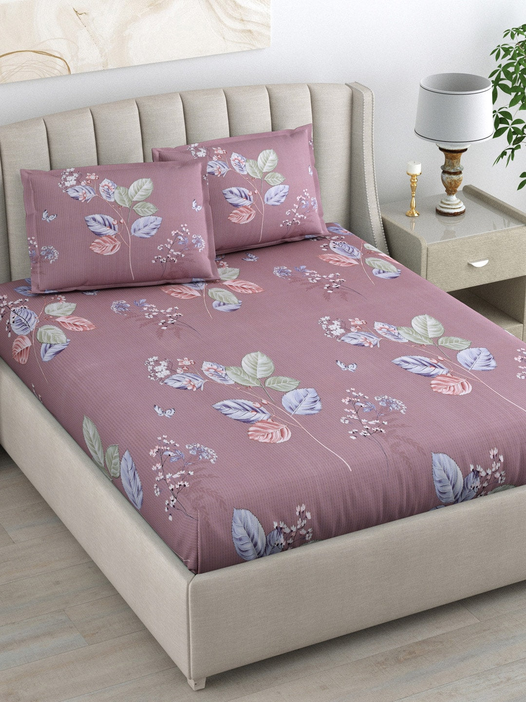 DREAM WEAVERZ 220 TC Pink & Blue Floral Glazed Cotton King Bedsheet with 2 Pillow Covers | Grocsy
