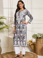 HOUSE OF KARI Floral Embroidered Chikankari Cotton Straight Kurta | Grocsy