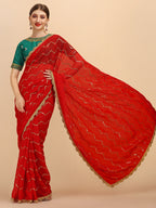 Sangria Red Embellished Sequinned Pure Georgette Saree | Grocsy