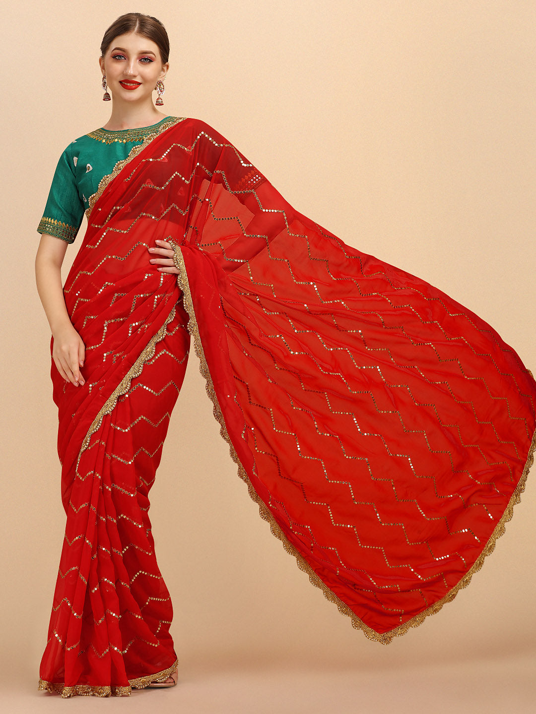 Sangria Red Embellished Sequinned Pure Georgette Saree | Grocsy