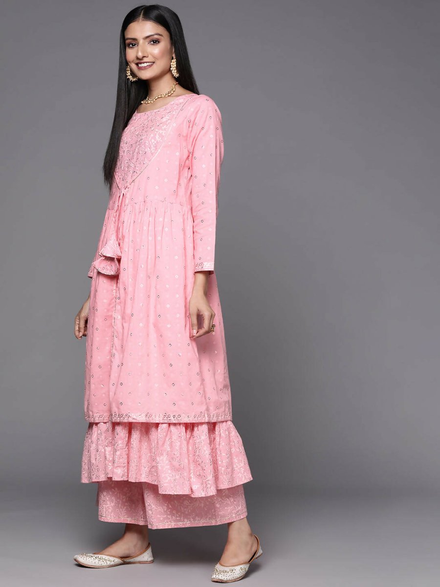 Ahalyaa Pink & Gold Ethnic Printed Layered Front Slit Cotton Anarkali Kurta Palazzos | Grocsy
