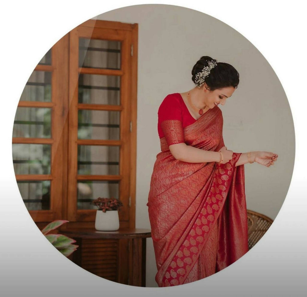 DEIANA'S Beautiful Designer Golden zari Soft Lichi Silk Saree - Red | Grocsy