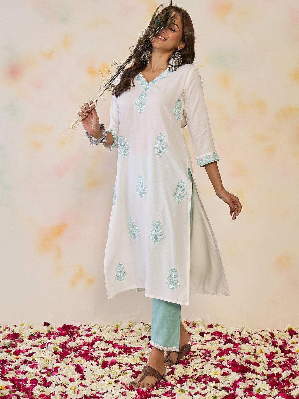 Indo Era Women Ethnic Motifs Embroidered Sequinned Floral Kurta | Grocsy