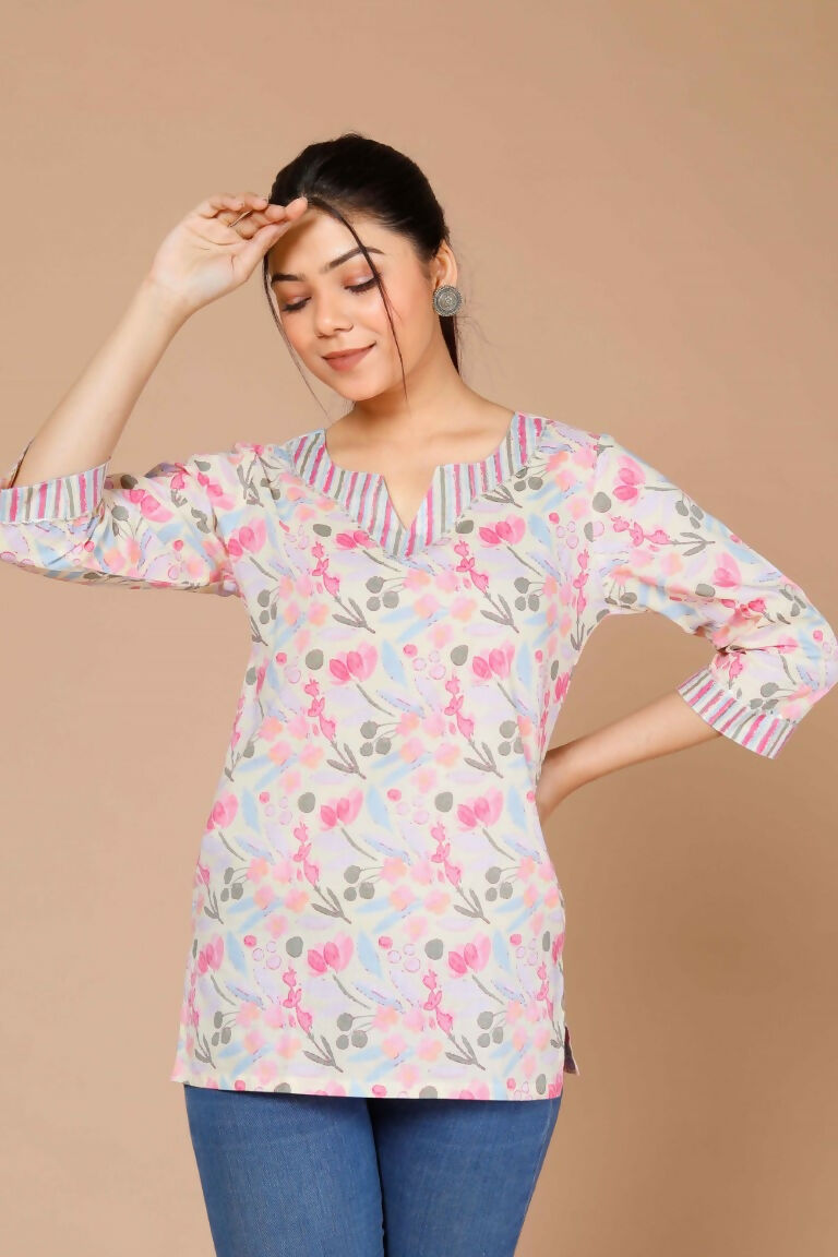 Miravan Women's Floral Printed Pure Cotton Pink Kurti | Grocsy