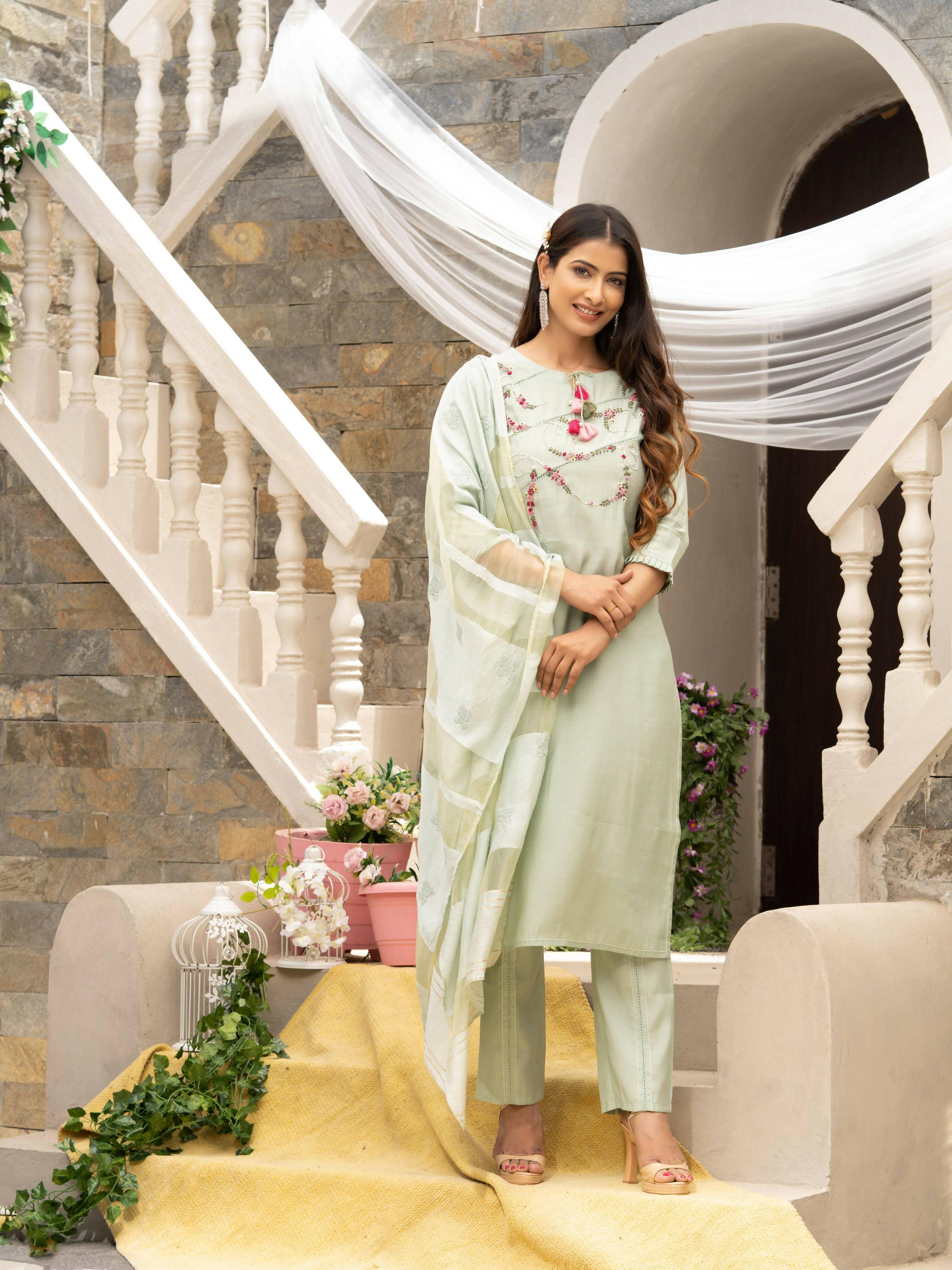 Pista Roman Silk Plain Kurta with Pant & Dupatta - Disha | Grocsy