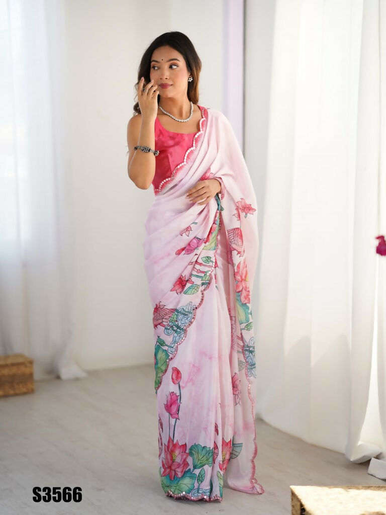 Off White Chinon Designer Digital Printed,Mirror Cut Work Saree - Manvika | Grocsy
