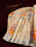 Light Wheat Colour Floral Print Semi Chanderi Saree By Gayathri Reddy Designer Studio | Grocsy