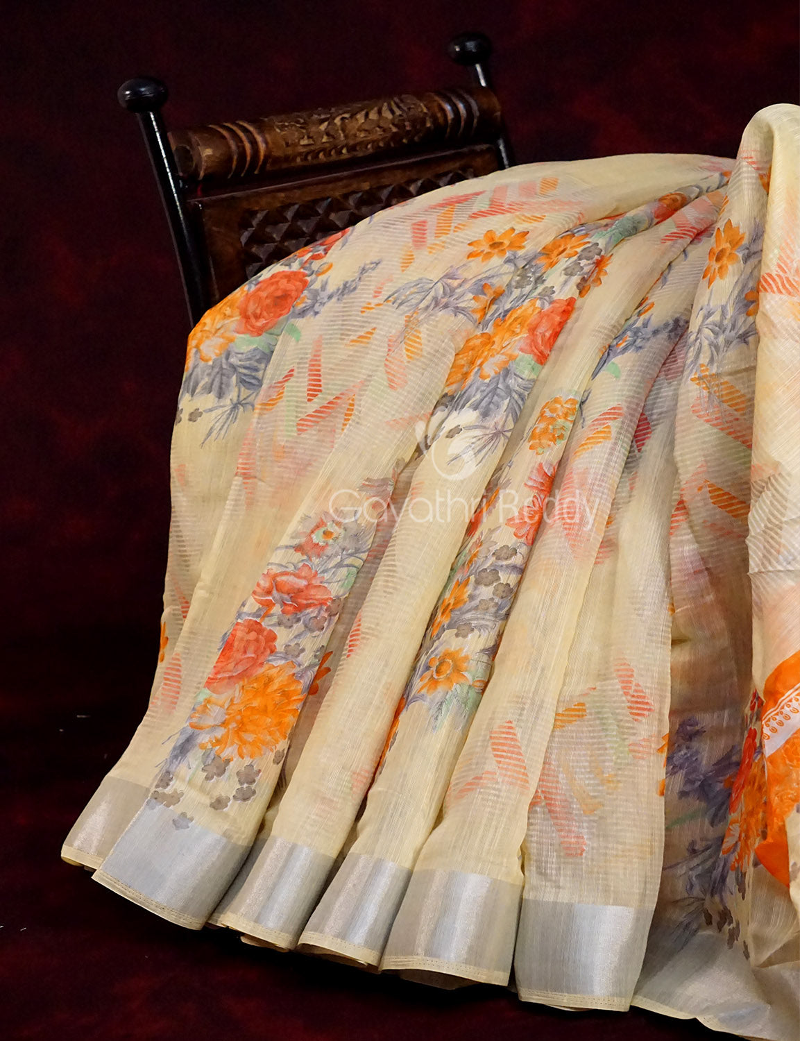 Light Wheat Colour Floral Print Semi Chanderi Saree By Gayathri Reddy Designer Studio | Grocsy