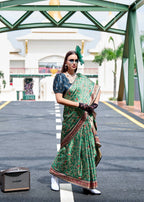 Anaita Green Ajrakh Printed Pure Satin Silk Saree With Blouse | Grocsy