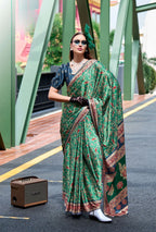 Anaita Green Ajrakh Printed Pure Satin Silk Saree With Blouse | Grocsy