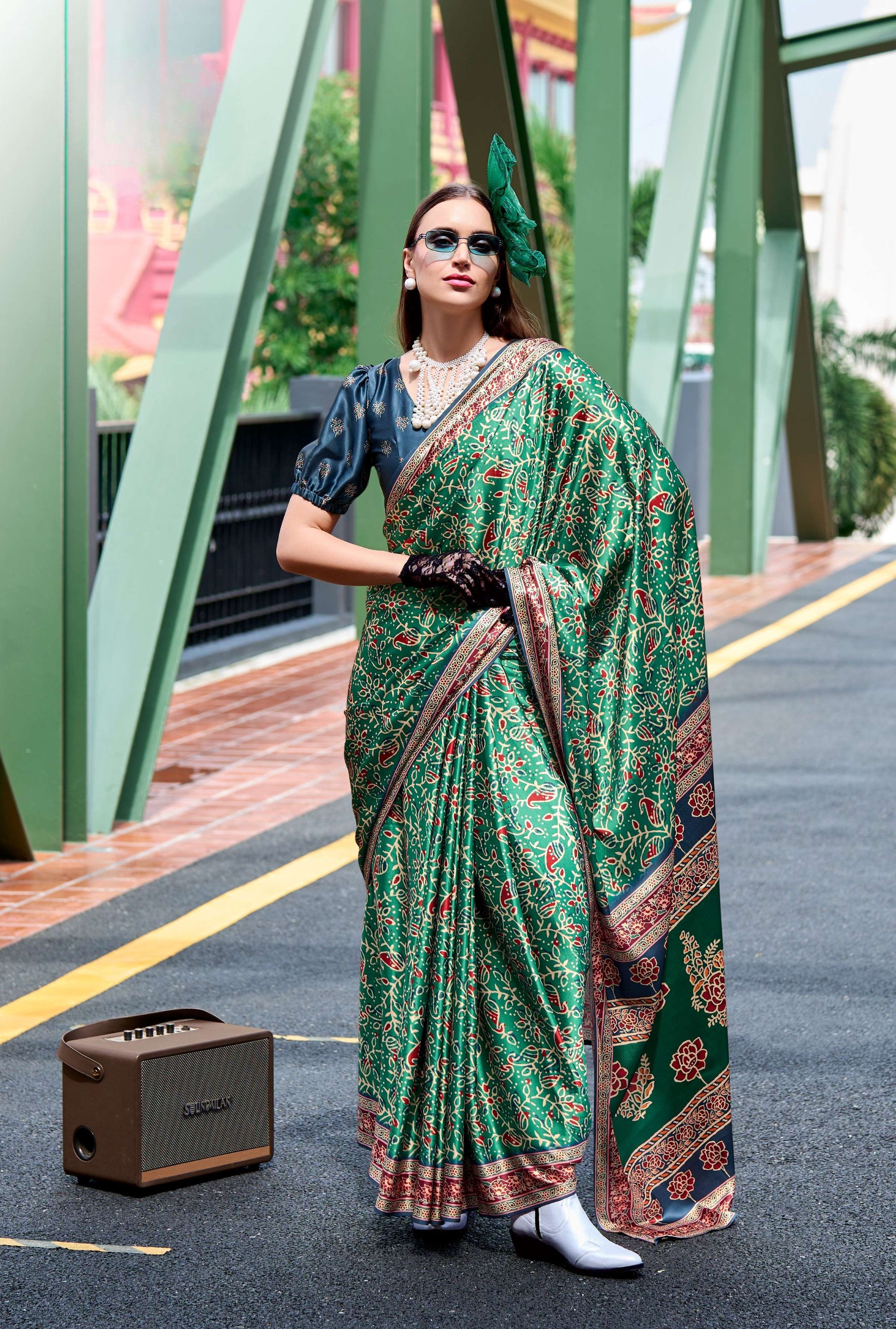 Anaita Green Ajrakh Printed Pure Satin Silk Saree With Blouse | Grocsy