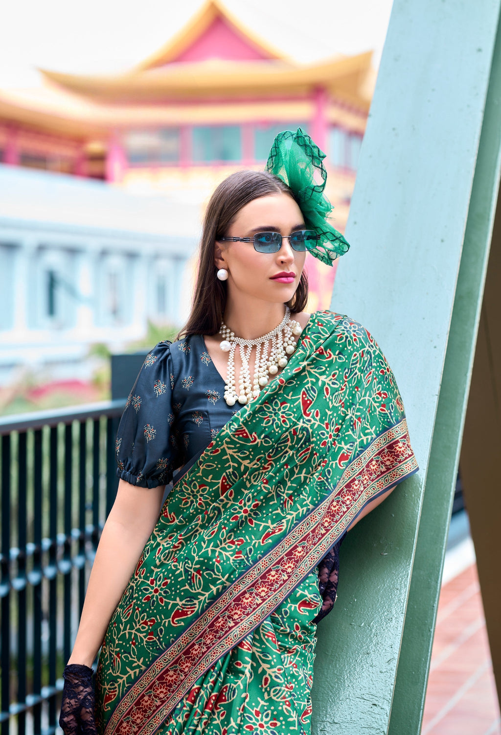 Anaita Green Ajrakh Printed Pure Satin Silk Saree With Blouse | Grocsy