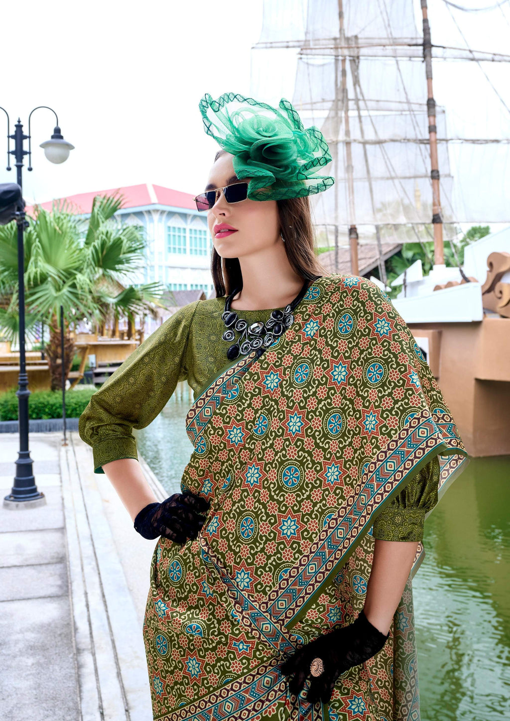 Anaita Mehendi Ajrakh Printed Pure Satin Silk Saree With Blouse | Grocsy