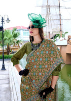 Anaita Mehendi Ajrakh Printed Pure Satin Silk Saree With Blouse | Grocsy