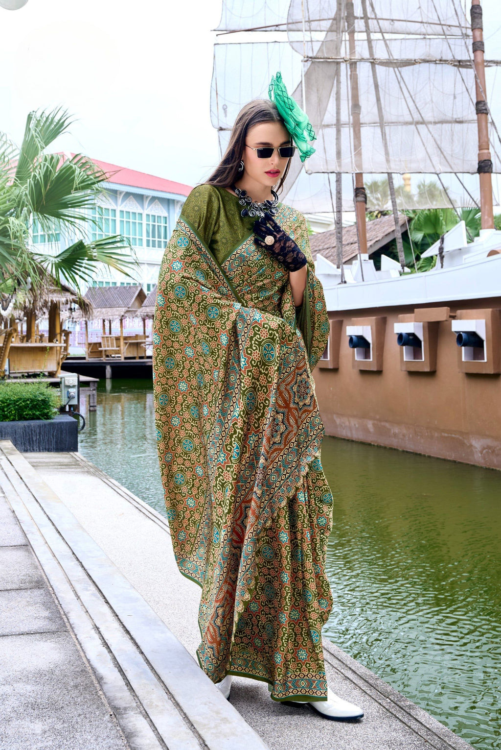 Anaita Mehendi Ajrakh Printed Pure Satin Silk Saree With Blouse | Grocsy