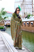 Anaita Mehendi Ajrakh Printed Pure Satin Silk Saree With Blouse | Grocsy