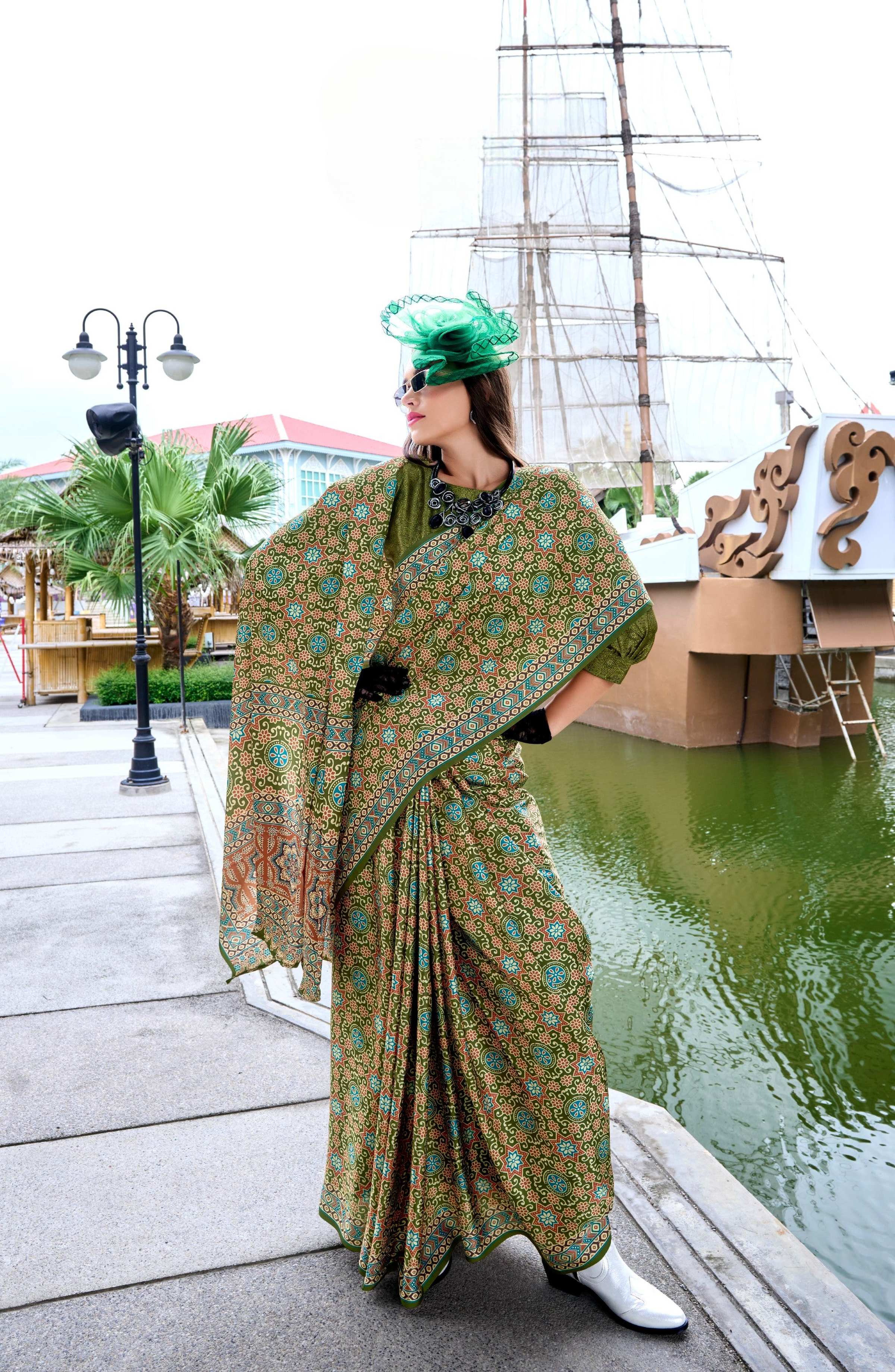 Anaita Mehendi Ajrakh Printed Pure Satin Silk Saree With Blouse | Grocsy