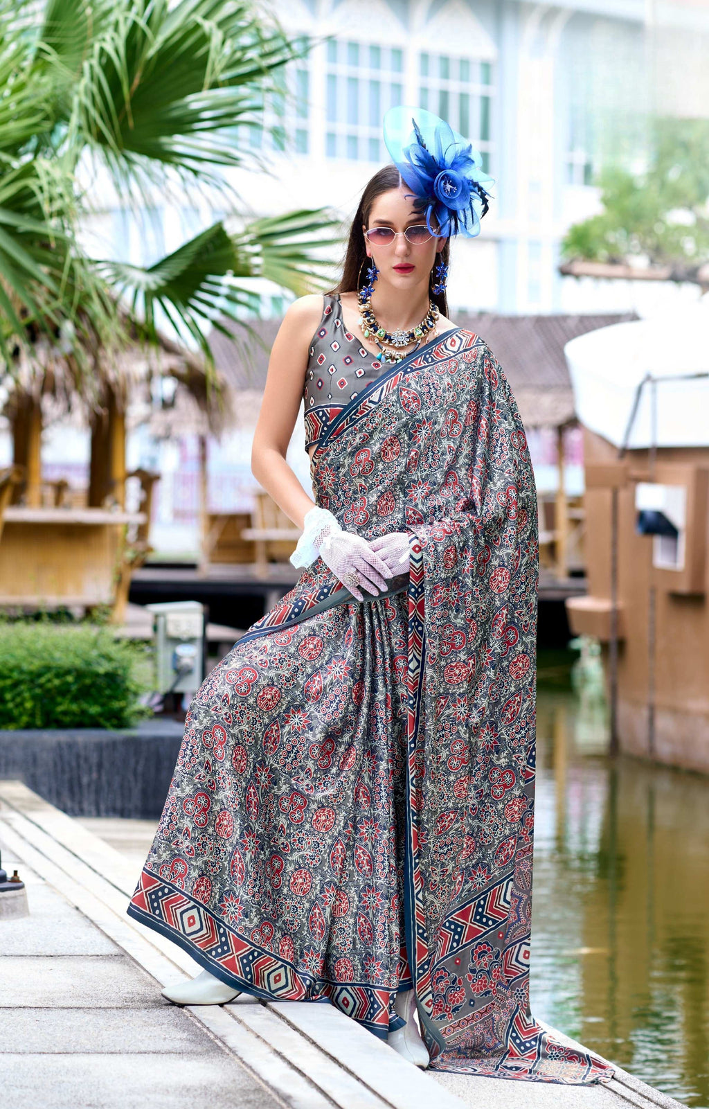 Anaita Grey Ajrakh Printed Pure Satin Silk Saree With Blouse | Grocsy